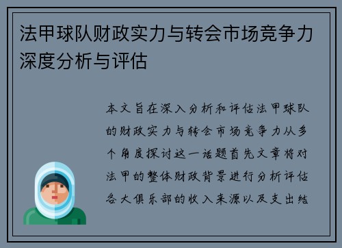 法甲球队财政实力与转会市场竞争力深度分析与评估