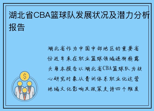 湖北省CBA篮球队发展状况及潜力分析报告